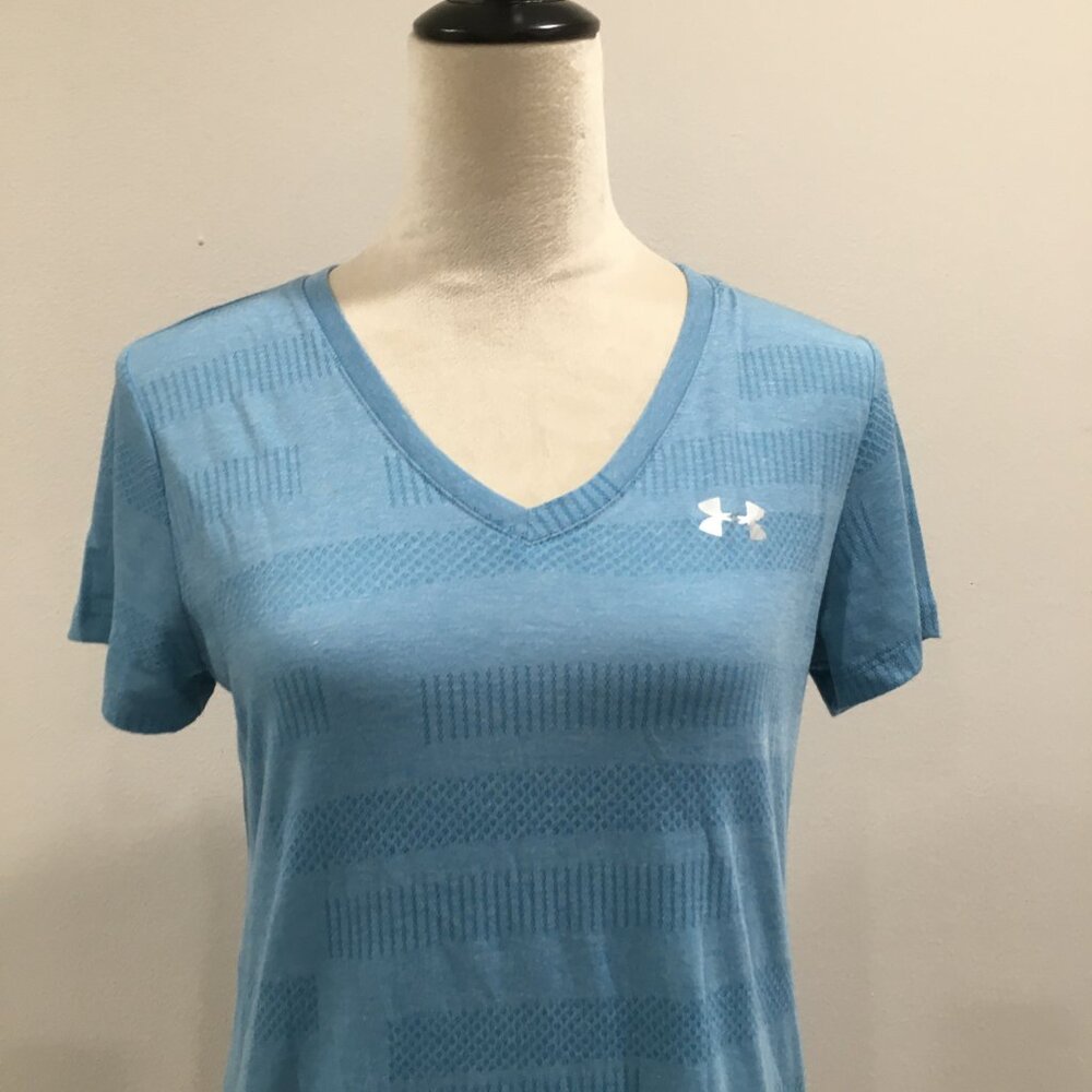 UNDER ARMOUR Short Sleeve Blue V Neck HeatGear Moisture Wick Stretch Shirt Top - Picture 5 of 8